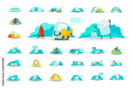 Emoji sticker big set character Icon. Cute man human spacesuit spaceman Different situations. 404 error not found. Search, mail running and others. Collection illustration.