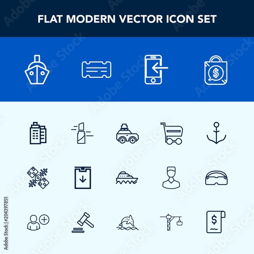 Modern, simple vector icon set with lipstick, phone, global, satellite, technology, transfer, vessel, travel, business, price, tag, nautical, bag, buy, entertainment, sale, download, market, car icons