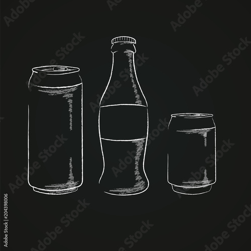 Chalk silhouettes of glass bottle and aluminum cans