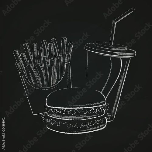 Fast food chalk silhouettes. Burger with salad, french fries and soft drink.