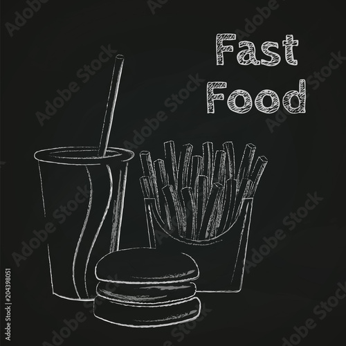 Fast food lunch chalk silhouettes. Burger, fries and soft drink.
