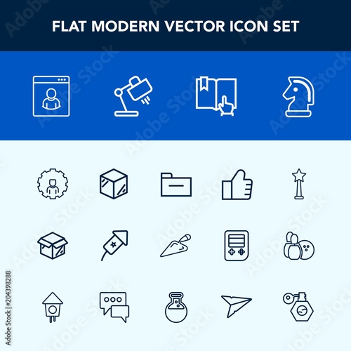 Modern, simple vector icon set with lamp, packaging, mobile, book, template, holiday, package, event, cardboard, product, horse, document, account, folder, table, celebration, perfume, shovel icons