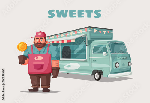 Retro street food van. Funny seller character. Cartoon vector illustration.