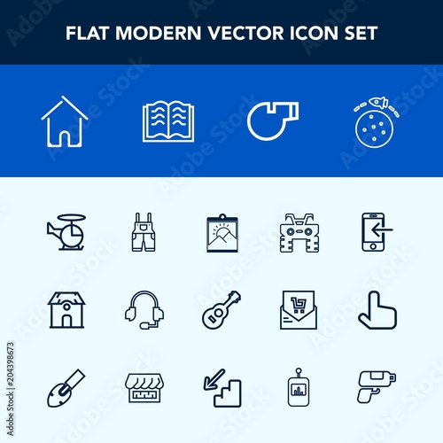 Modern, simple vector icon set with wheel, dirt, rocket, paper, house, internet, quad, architecture, sport, home, support, clothing, work, space, referee, estate, transport, music, call, object icons