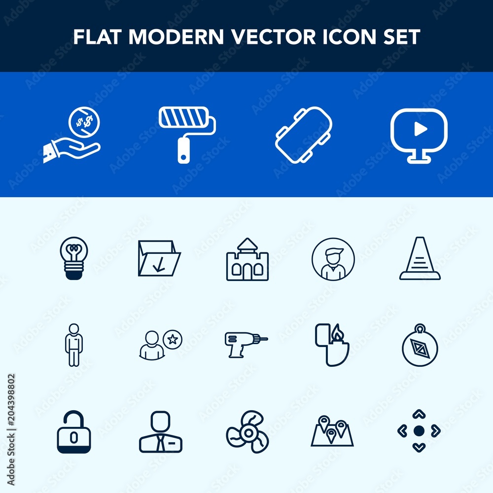 Modern, simple vector icon set with paint, skater, ladder, drill, man, work, finance, trash, electric, garbage, step, equipment, tower, electricity, up, investment, skate, video, machine, roll icons Modern, simple vector icon set with paint, skater, ladder, drill, man, work, finance, trash, electric, garbage, step, equipment, tower, electricity, up, investment, skate, video, machine, roll icons