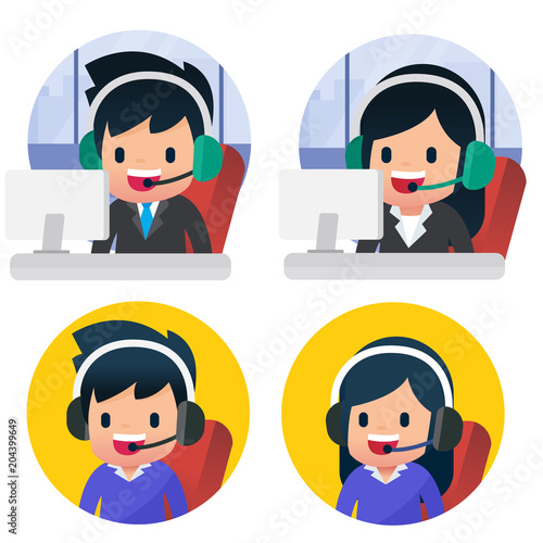 Call center cartoon set, customer service support. Business corporate. Flat vector illustration