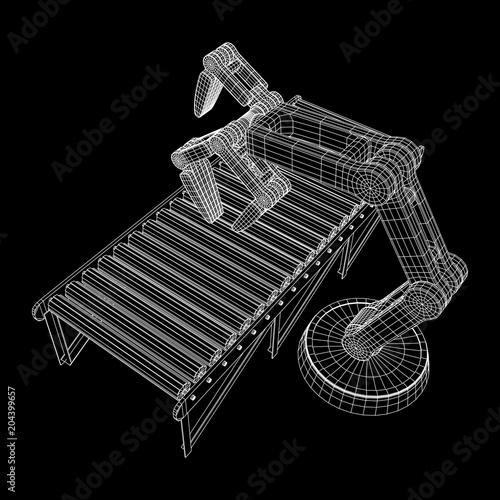 Robotic arm manufacture technology industry assembly mechanic hand and regular empty roller conveyor section wireframe low poly mesh vector illustration