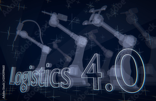 Logistics 4.0, words in transparent letters on blue industrial background, 3D rendering