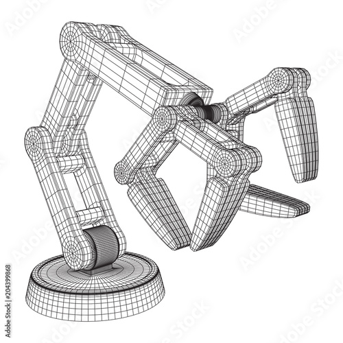 Robotic arm manufacture technology industry assembly mechanic hand wireframe low poly mesh vector illustration