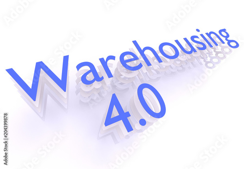Warehousing 4.0, words in blue letters on white background, 3D rendering