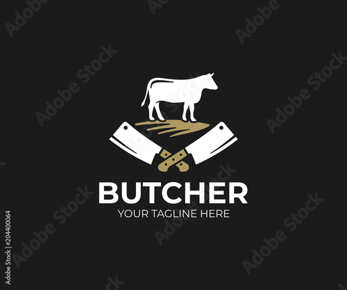 Butcher shop logo template. Cow and meat cleaver knife vector design. Butchery logotype