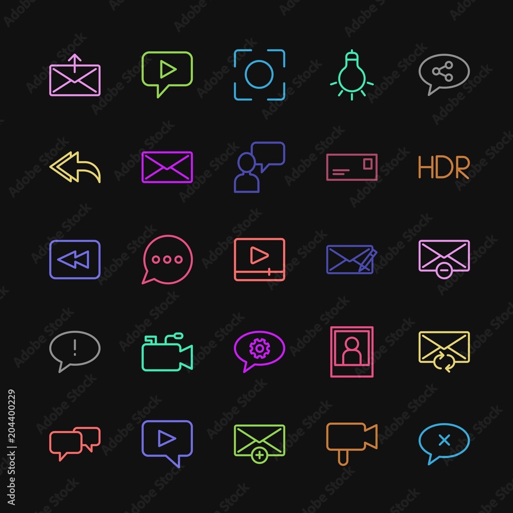 Modern Simple Colorful Set of chat and messenger, video, photos, email Vector outline Icons. Contains such Icons as letter, retro, reload and more on dark background. Fully Editable. Pixel Perfect Modern Simple Colorful Set of chat and messenger, video, photos, email Vector outline Icons. Contains such Icons as letter, retro, reload and more on dark background. Fully Editable. Pixel Perfect