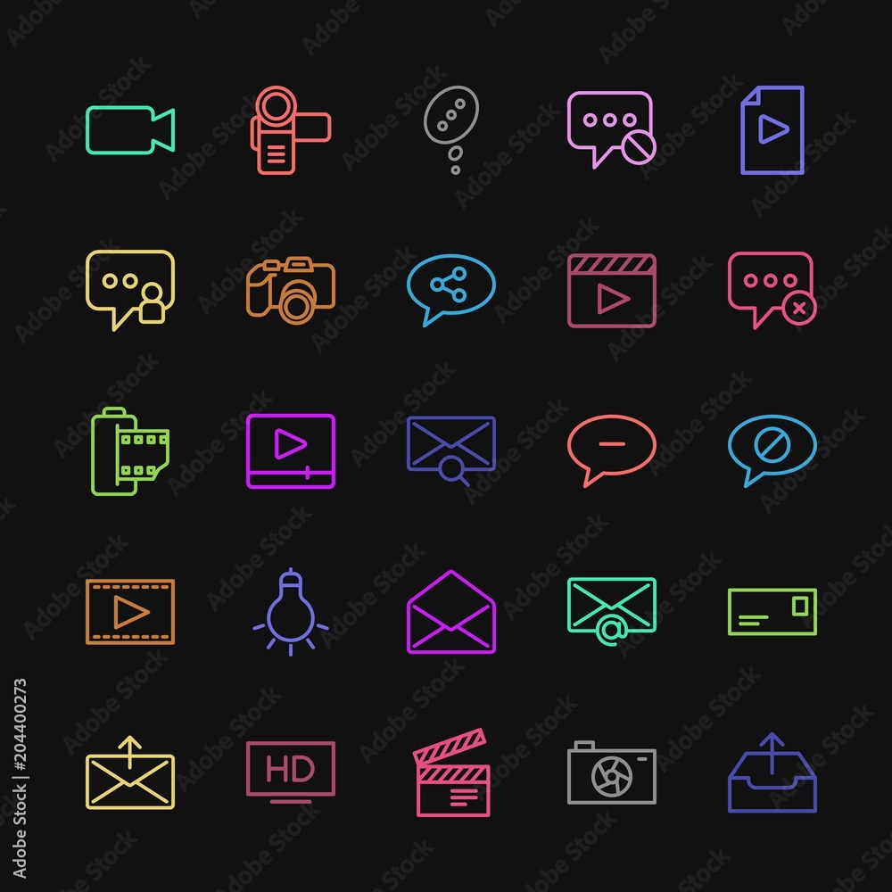 Modern Simple Colorful Set of chat and messenger, video, photos, email Vector outline Icons. Contains such Icons as send, business, user and more on dark background. Fully Editable. Pixel Perfect Modern Simple Colorful Set of chat and messenger, video, photos, email Vector outline Icons. Contains such Icons as send, business, user and more on dark background. Fully Editable. Pixel Perfect