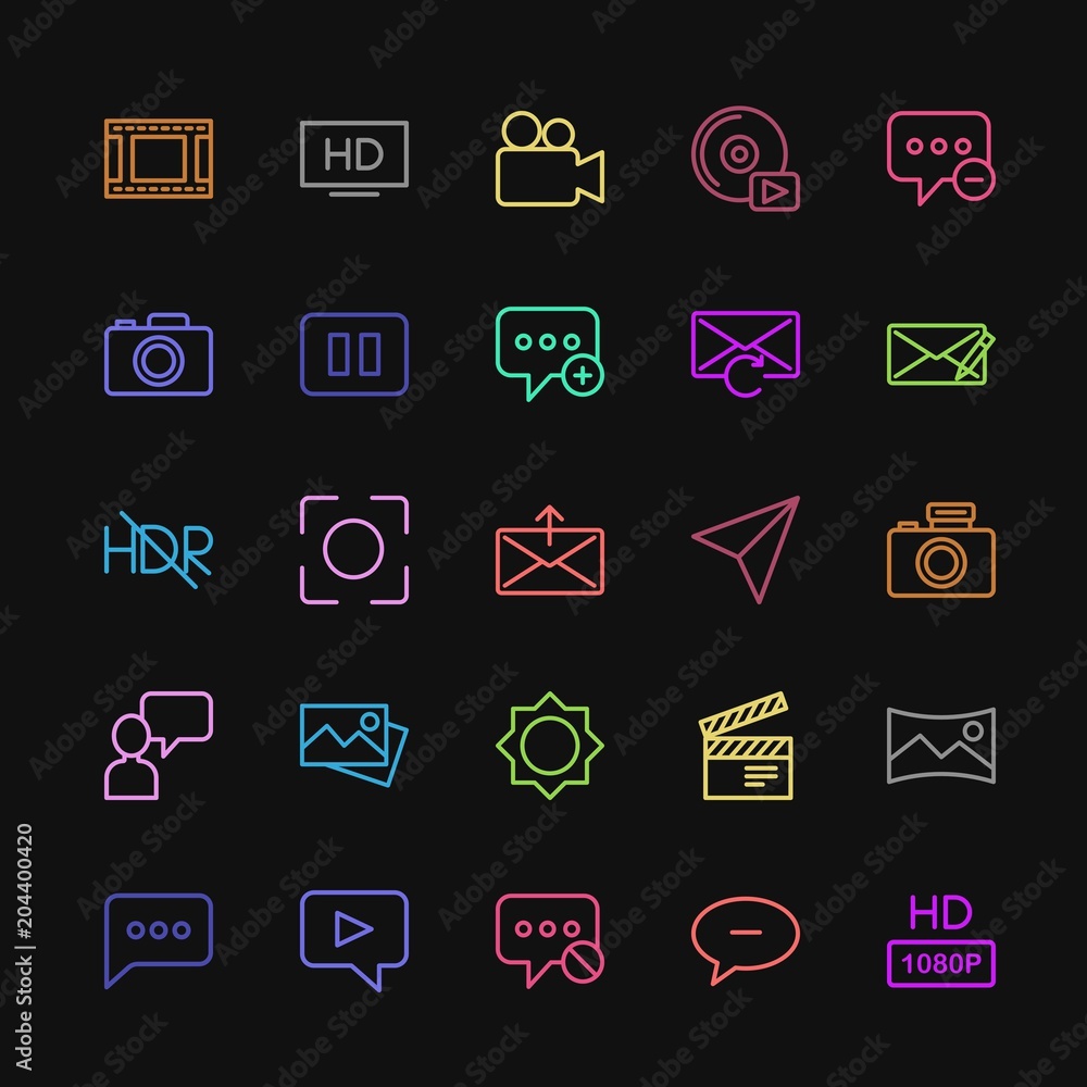 Modern Simple Colorful Set of chat and messenger, video, photos, email Vector outline Icons. Contains such Icons as internet, television and more on dark background. Fully Editable. Pixel Perfect Modern Simple Colorful Set of chat and messenger, video, photos, email Vector outline Icons. Contains such Icons as internet, television and more on dark background. Fully Editable. Pixel Perfect