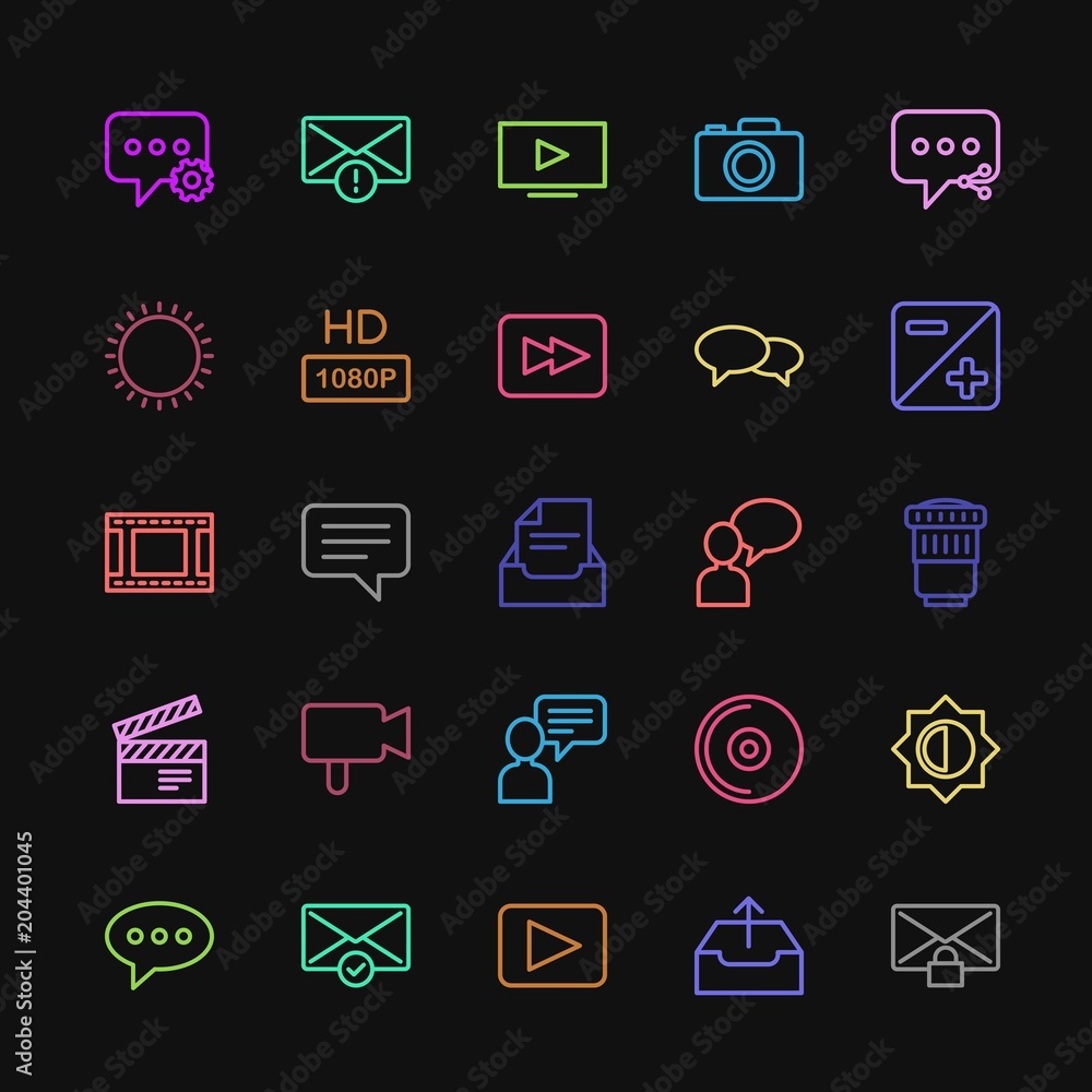 Modern Simple Colorful Set of chat and messenger, video, photos, email Vector outline Icons. Contains such Icons as disc,  online,  fashion and more on dark background. Fully Editable. Pixel Perfect