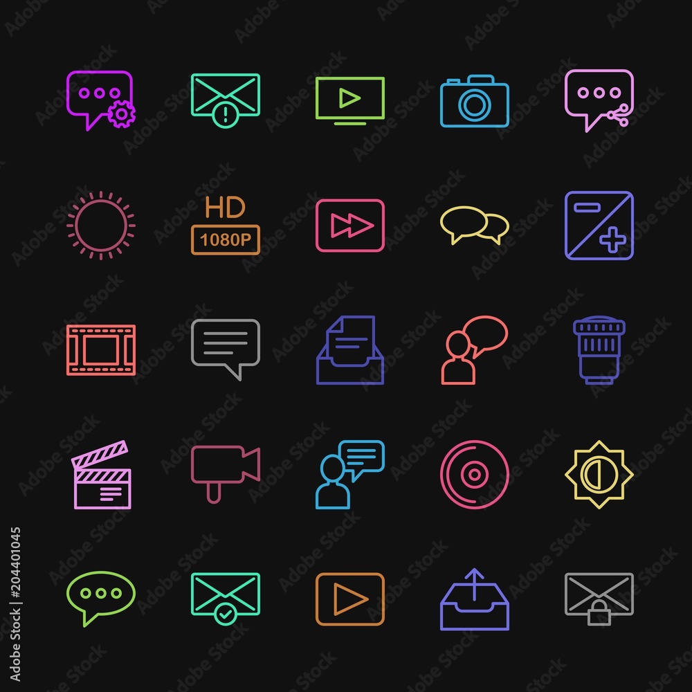 Modern Simple Colorful Set of chat and messenger, video, photos, email Vector outline Icons. Contains such Icons as disc, online, fashion and more on dark background. Fully Editable. Pixel Perfect Modern Simple Colorful Set of chat and messenger, video, photos, email Vector outline Icons. Contains such Icons as disc, online, fashion and more on dark background. Fully Editable. Pixel Perfect