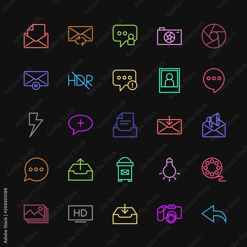 Modern Simple Colorful Set of chat and messenger, video, photos, email Vector outline Icons. Contains such Icons as photography, paper, tv and more on dark background. Fully Editable. Pixel Perfect Modern Simple Colorful Set of chat and messenger, video, photos, email Vector outline Icons. Contains such Icons as photography, paper, tv and more on dark background. Fully Editable. Pixel Perfect