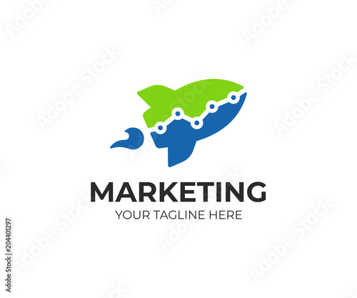 Rocket and analytics metrics logo template. Startup symbol and graph chart vector design. Launch rocket and statistics chart logotype