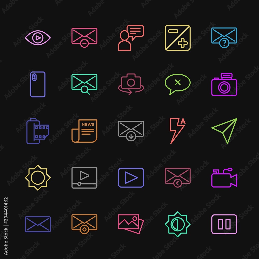 Modern Simple Colorful Set of chat and messenger, video, photos, email Vector outline Icons. Contains such Icons as settings, picture, sms and more on dark background. Fully Editable. Pixel Perfect Modern Simple Colorful Set of chat and messenger, video, photos, email Vector outline Icons. Contains such Icons as settings, picture, sms and more on dark background. Fully Editable. Pixel Perfect