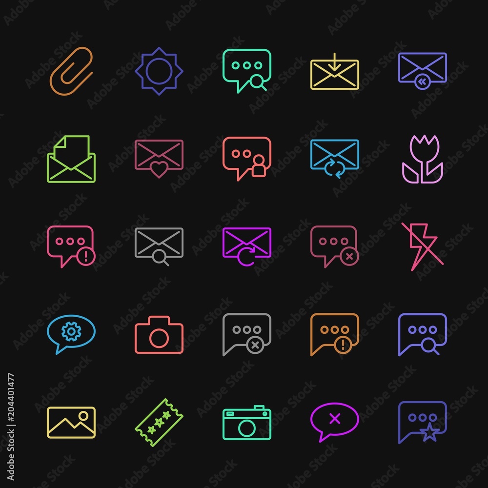 Modern Simple Colorful Set of chat and messenger, video, photos, email Vector outline Icons. Contains such Icons as  camera,  receive,  email and more on dark background. Fully Editable. Pixel Perfect