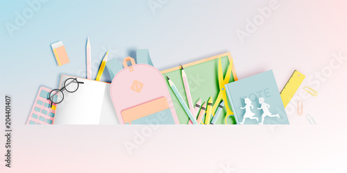Various stationery for back to school in paper art style with pastel color