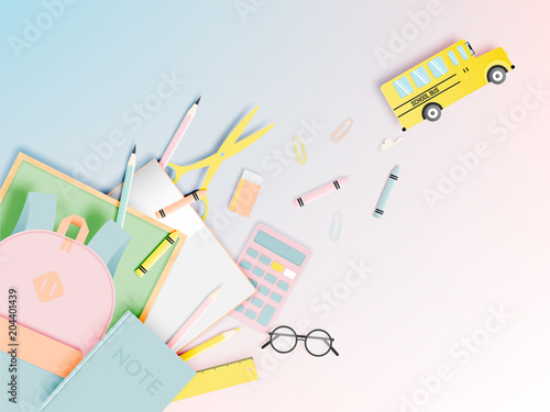 Various stationery for back to school in paper art style with pastel color