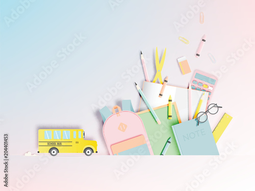 Various stationery for back to school in paper art style with pastel color