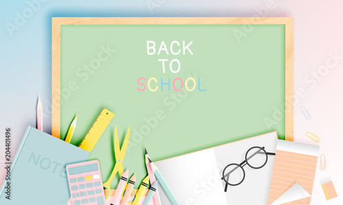 Various stationery for back to school in paper art style with pastel color