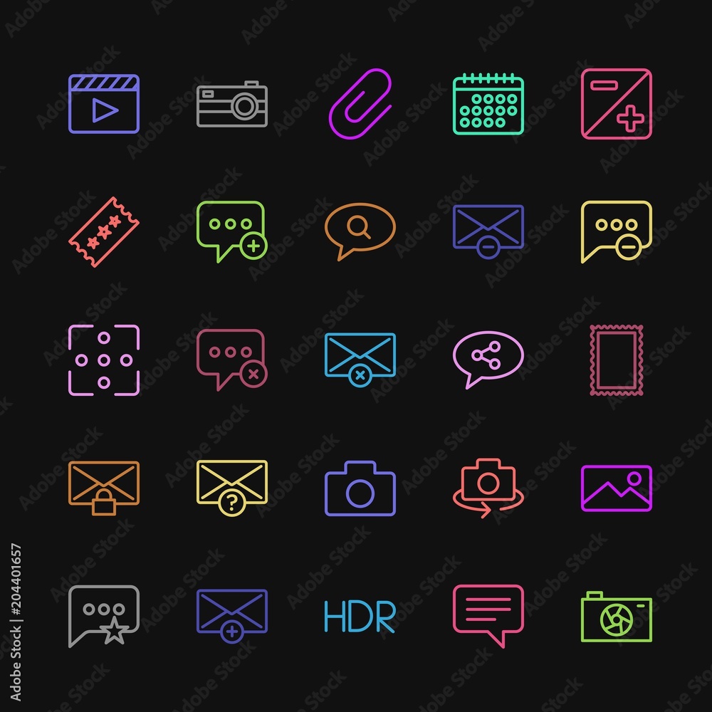 Modern Simple Colorful Set of chat and messenger, video, photos, email Vector outline Icons. Contains such Icons as camera, clip, mail, hdr and more on dark background. Fully Editable. Pixel Perfect Modern Simple Colorful Set of chat and messenger, video, photos, email Vector outline Icons. Contains such Icons as camera, clip, mail, hdr and more on dark background. Fully Editable. Pixel Perfect