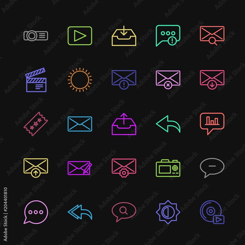Modern Simple Colorful Set of chat and messenger, video, photos, email Vector outline Icons. Contains such Icons as projection, fashion and more on dark background. Fully Editable. Pixel Perfect Modern Simple Colorful Set of chat and messenger, video, photos, email Vector outline Icons. Contains such Icons as projection, fashion and more on dark background. Fully Editable. Pixel Perfect