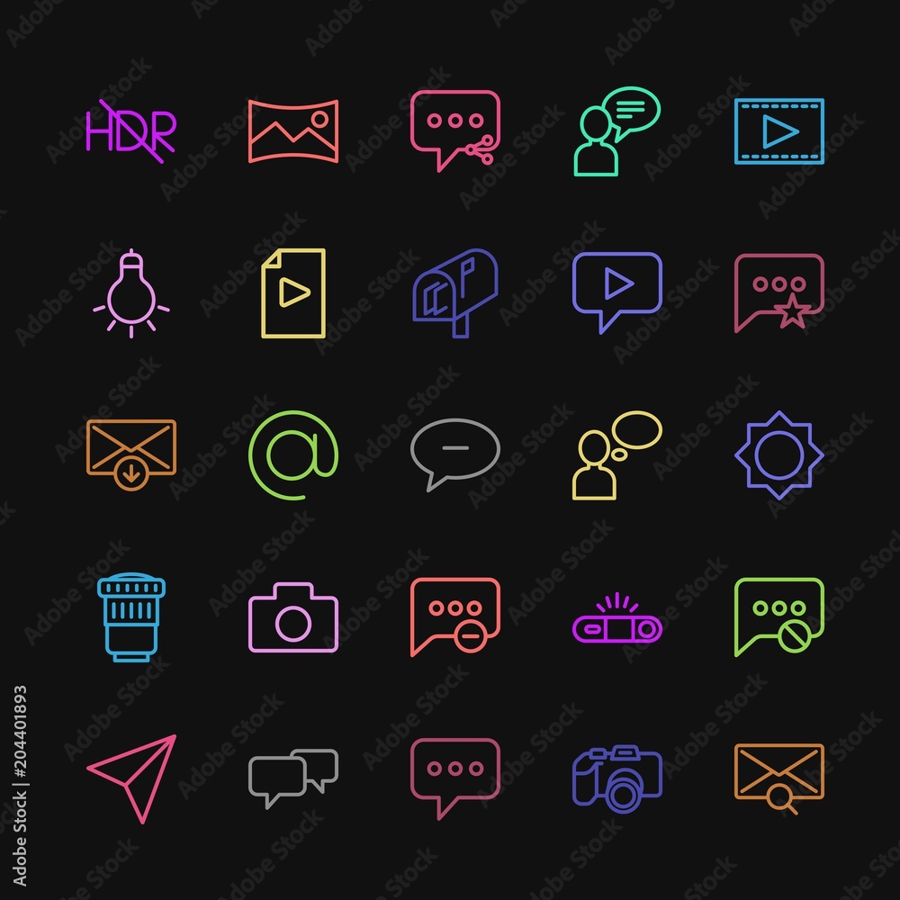 Modern Simple Colorful Set of chat and messenger, video, photos, email Vector outline Icons. Contains such Icons as sms, send, business and more on dark background. Fully Editable. Pixel Perfect Modern Simple Colorful Set of chat and messenger, video, photos, email Vector outline Icons. Contains such Icons as sms, send, business and more on dark background. Fully Editable. Pixel Perfect