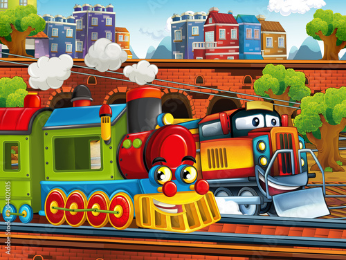 Cartoon funny looking steam train on the train station near the city - illustration for children