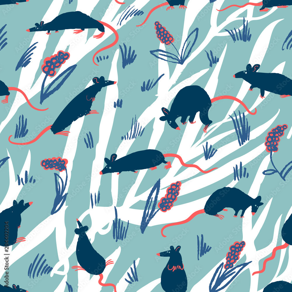 Seamless pattern with rats. Cute hand drawn background with cute