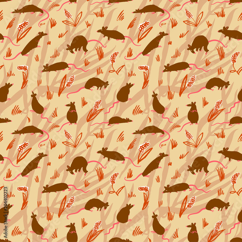 Seamless pattern with rats. Cute hand drawn background with cute rodents on the meadow.