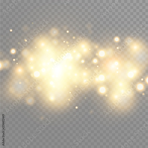 Gold glow particles bokeh. Glitter effect. Burst with sparkles.Golden Sparkling Glitters and Stars. Vector Festive Illustration of Shiny Particles. Fire Stars Isolated on Transparent.