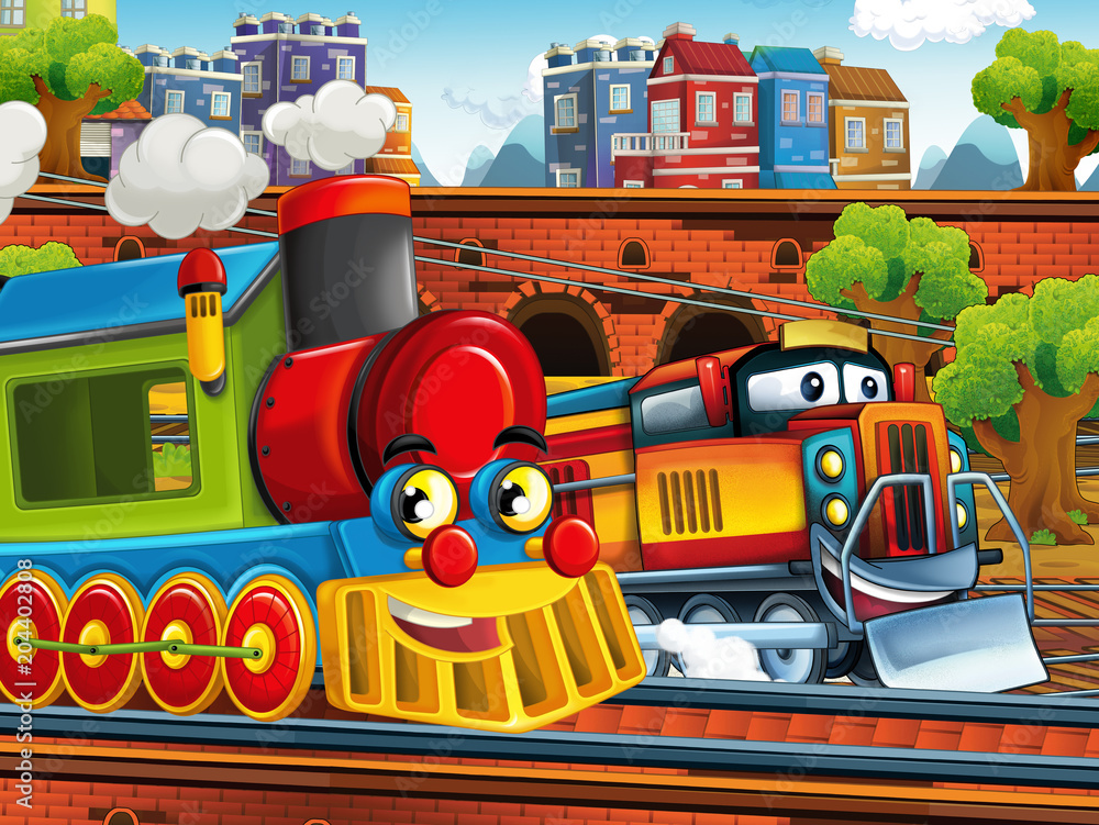 Naklejka premium Cartoon funny looking steam train on the train station near the city - illustration for children