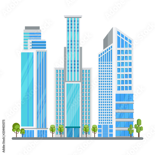 Multi-storey skyscrapers, a modern city. Office buildings in the center of the metropolis. High-tech buildings. Flat, vector, cartoon, illustration., Objects, isolated, white, background.
