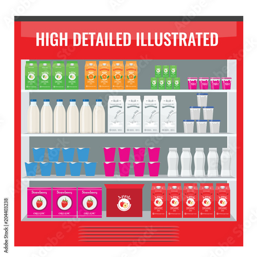 Refrigerated supermarket display case full with multiple drinks and beverages. Illustrated vector for your Mockup design.