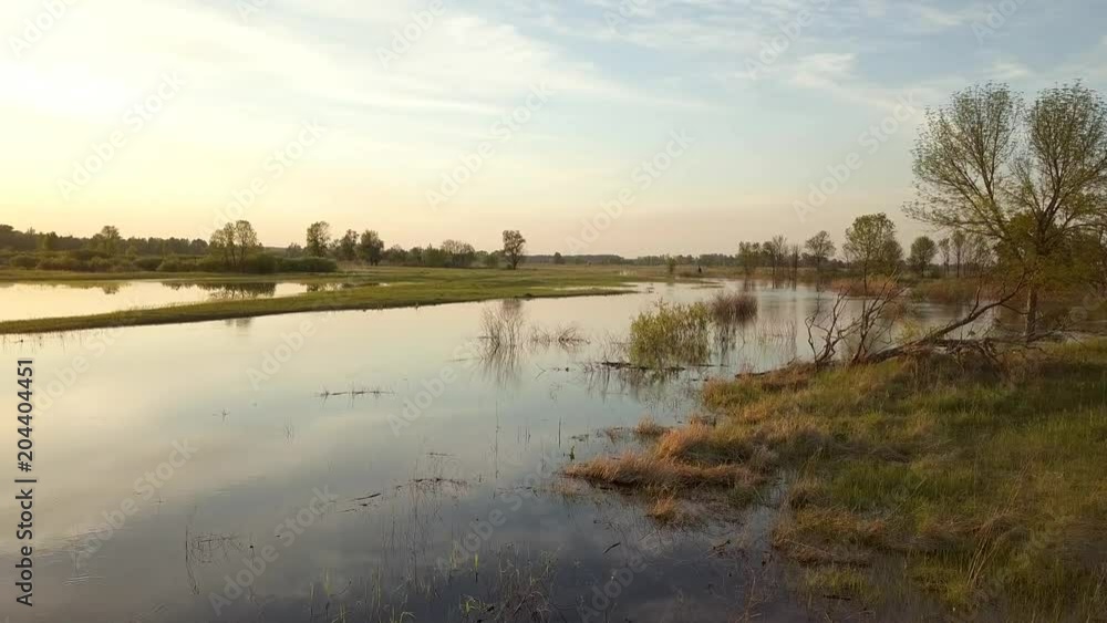 Bird's Eye Aerial Flight View On Spill Desna River From Drone, Ukraine