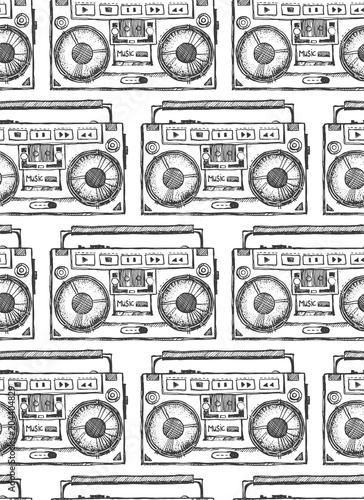 Seamless texture with drawn by hand boombox. Repeating background. Tile pattern. Ornament with old school Record player.