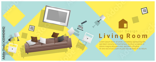 Horizontal interior banner sale with living room furniture hovering on colorful background , vector , illustration