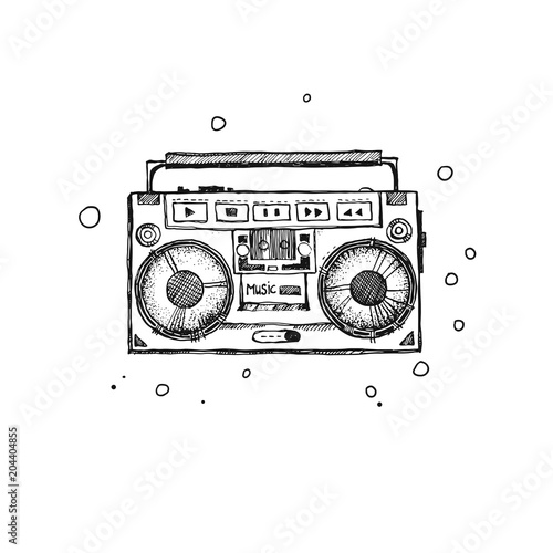 Retro record player. Doodle style modern original illustration. Drawn by hand old school boombox.