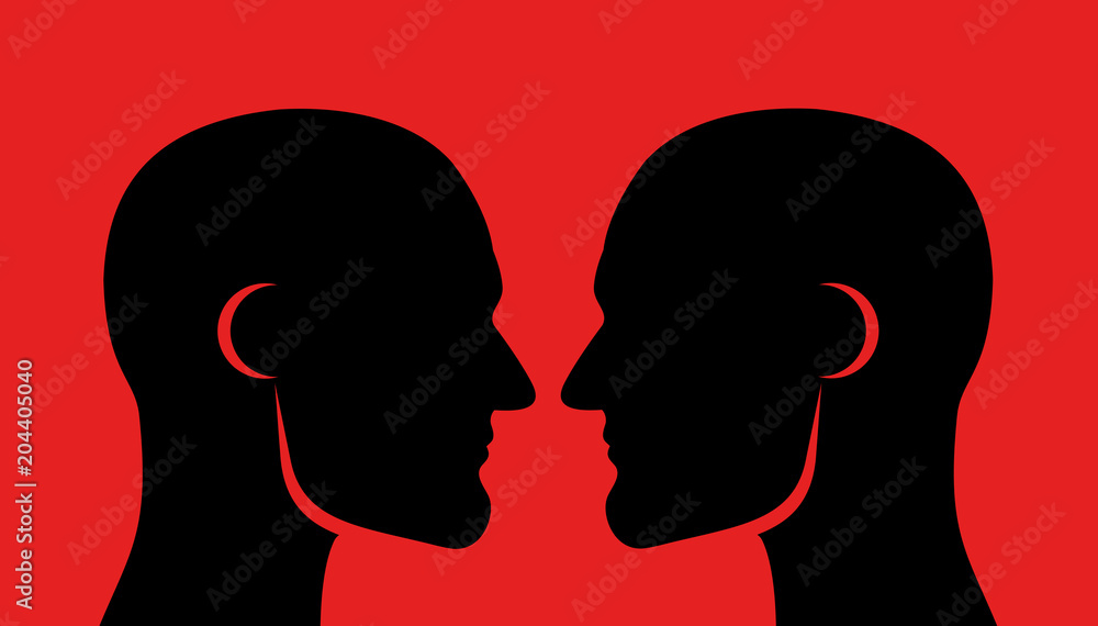 Face off (face-off), rivalry and competition between two men. Masculine males with muscular jawline and looking into faces - close physical contact, challenge to rival and competitor