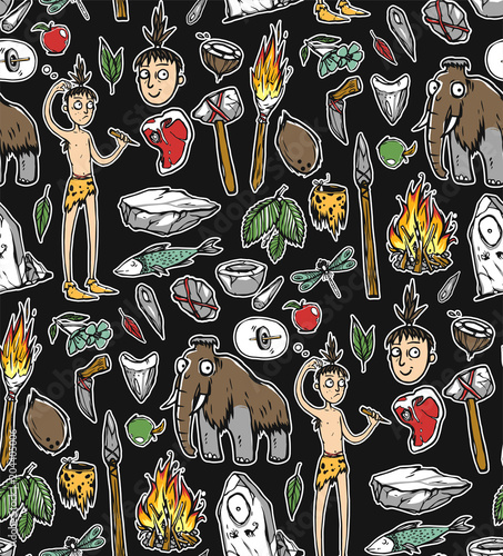 Seamless texture with prehistoric life of the caveman in Stone Age. Repeating background. Tile pattern.