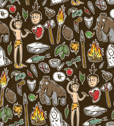 Seamless texture with prehistoric life of the caveman in Stone Age. Repeating background. Tile pattern.
