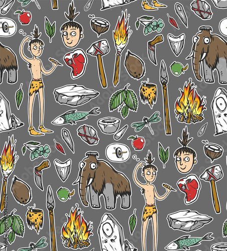 Seamless texture with prehistoric life of the caveman in Stone Age. Repeating background. Tile pattern.