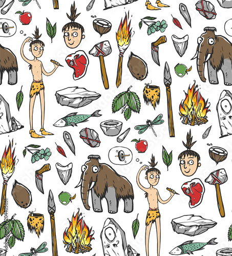 Seamless texture with prehistoric life of the caveman in Stone Age. Repeating background. Tile pattern.
