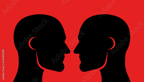 Face off (face-off), rivalry and competition between two men. Masculine males with muscular jawline and looking into faces - close physical contact, challenge to rival and competitor