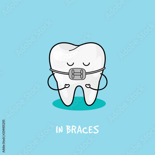 Braces tooth icon. Illustration for children dentistry. Oral hygiene, teeth cleaning.