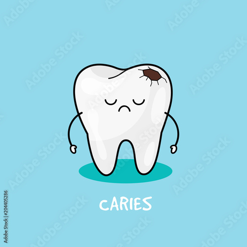 Tooth with caries icon. Illustration for children dentistry. Oral hygiene, teeth cleaning.